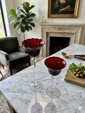Vintage Ruby Red Tulip Votive Candle Holders — Graduated Pair, Clear Stems